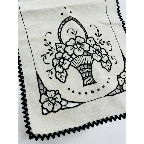 4 Pc Set Vintge Linen Table Runner Dresser Scarf Cutwork Floral Black Embroidery - Picture 8 of 16